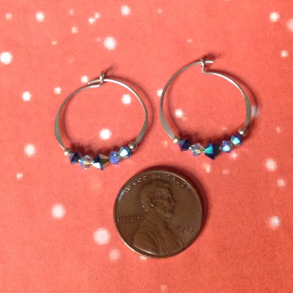 Retro Crystal & Sterling Silver Mini Hoop Pierced Earrings - Picture 2 of 3